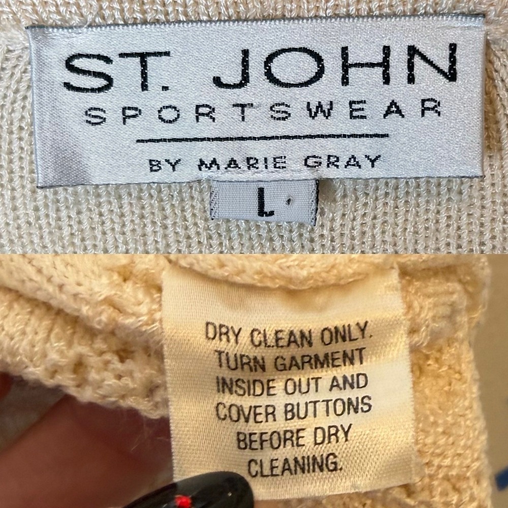 St. John Vintage Cardigan Balloon Sleeve Wool Blend Pointelle Knit Cream Large - Picture 4 of 10